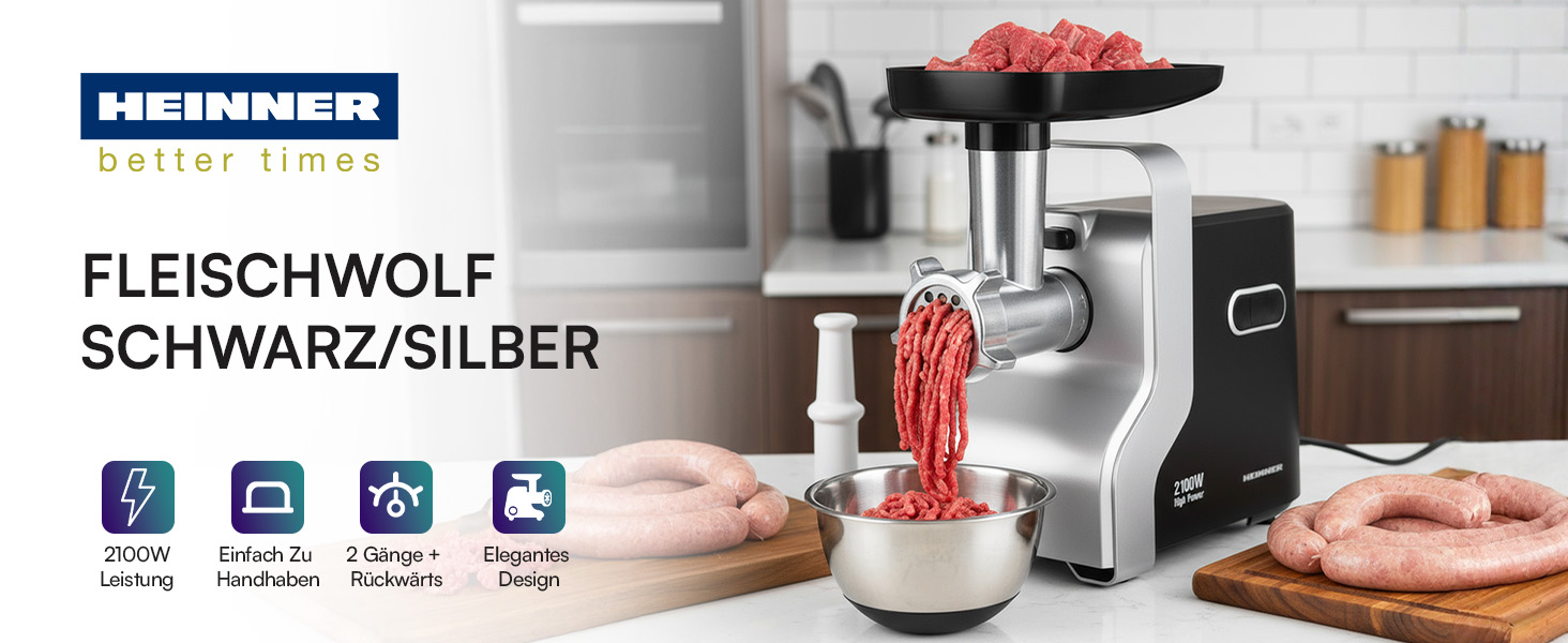 М'ясорубка електрична MG-2100BKSL 2100 Вт, нержавіюча сталь, чорно-срібна - 1.8 кг/хв, насадки для ковбас та томатів, реверс