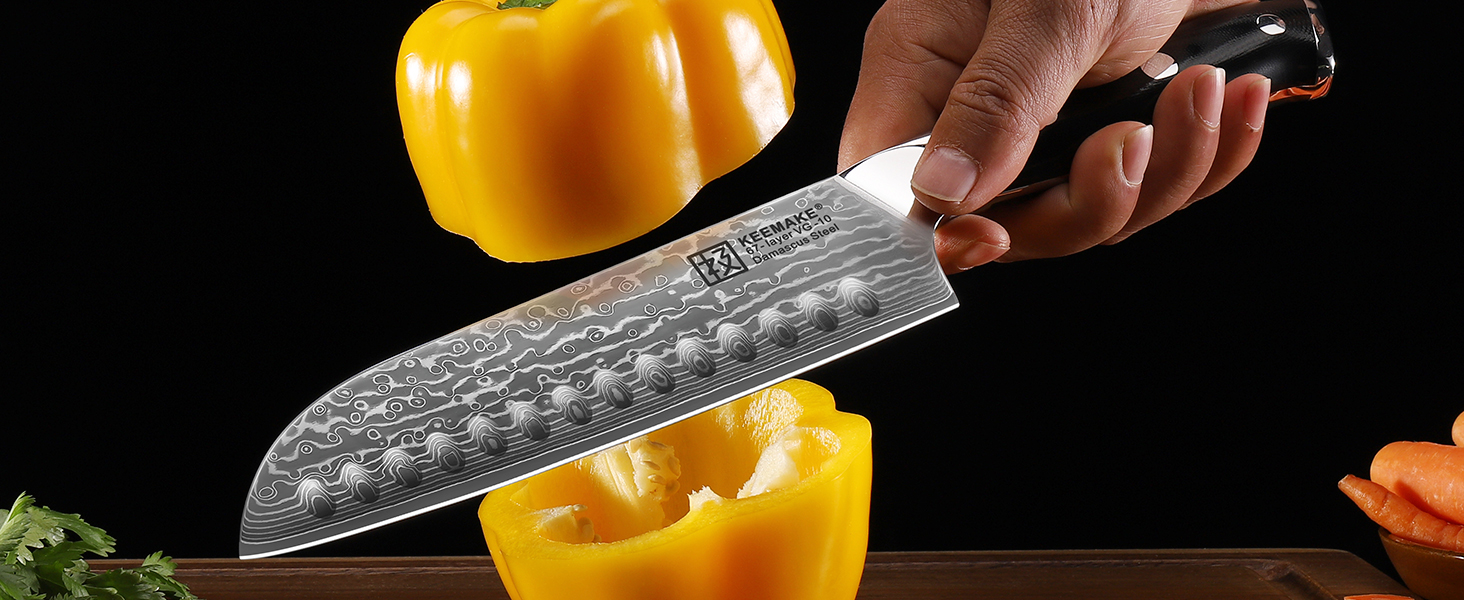 Ніж Santoku Keemake Damastmesser 17.8 см, професійний кухонний ніж з дамаської сталі (67 шарів) для м'яса та риби, ніж для шеф-кухаря 18 см