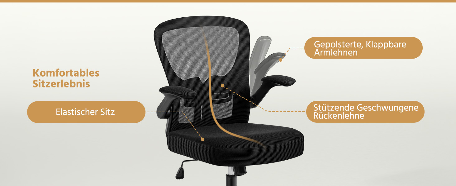 Офісне крісло Yaheetech з підйомними підлокітниками, регульованою підтримкою попереку, сітчасте крісло, ергономічне, з функцією гойдання, регульоване по висоті, чорне