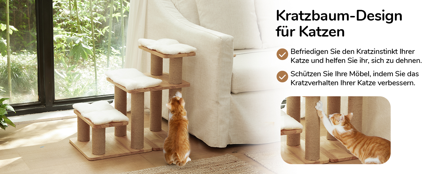 Сходинки для собак FUKUMARU, 3 сходинки, для домашніх тварин, з натурального гумового дерева та джуту, регульована висота 18-51 см, витримує до 90 кг, знімний м'який килимок, 6 варіантів комбінації, білий килимок