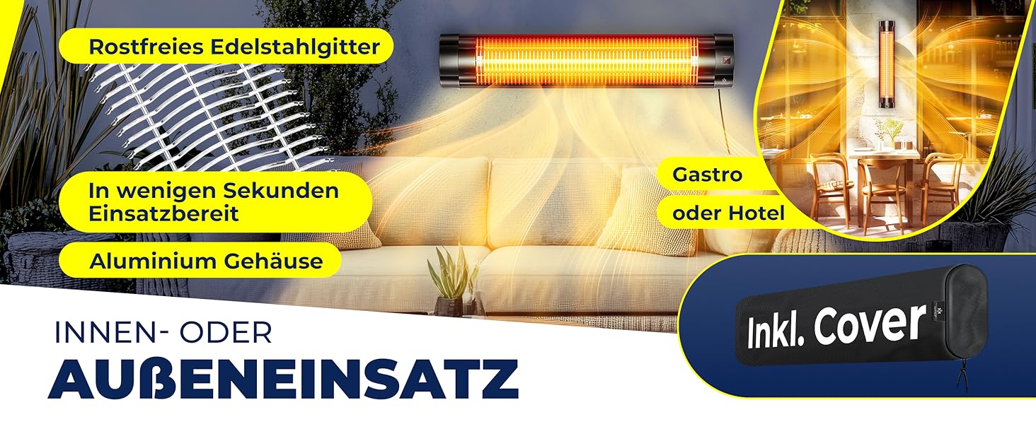 Інфрачервовий обігрівач KESSER® 2500W з пультом керування, 3 режими, миттєвий нагрів, кріплення на стіну, для тераси, кварцовий, з захисним чохлом, таймер, антрацит