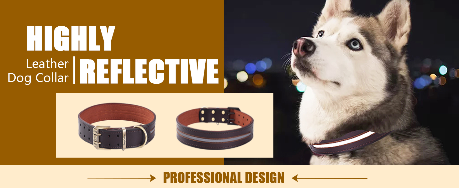 Шкіряний нашийник для собак з відбиваючим ефектом, регульований, м'який, з підкладкою, для маленьких, середніх та великих собак (Колір: Коричневий, Розмір L (46-56 см))