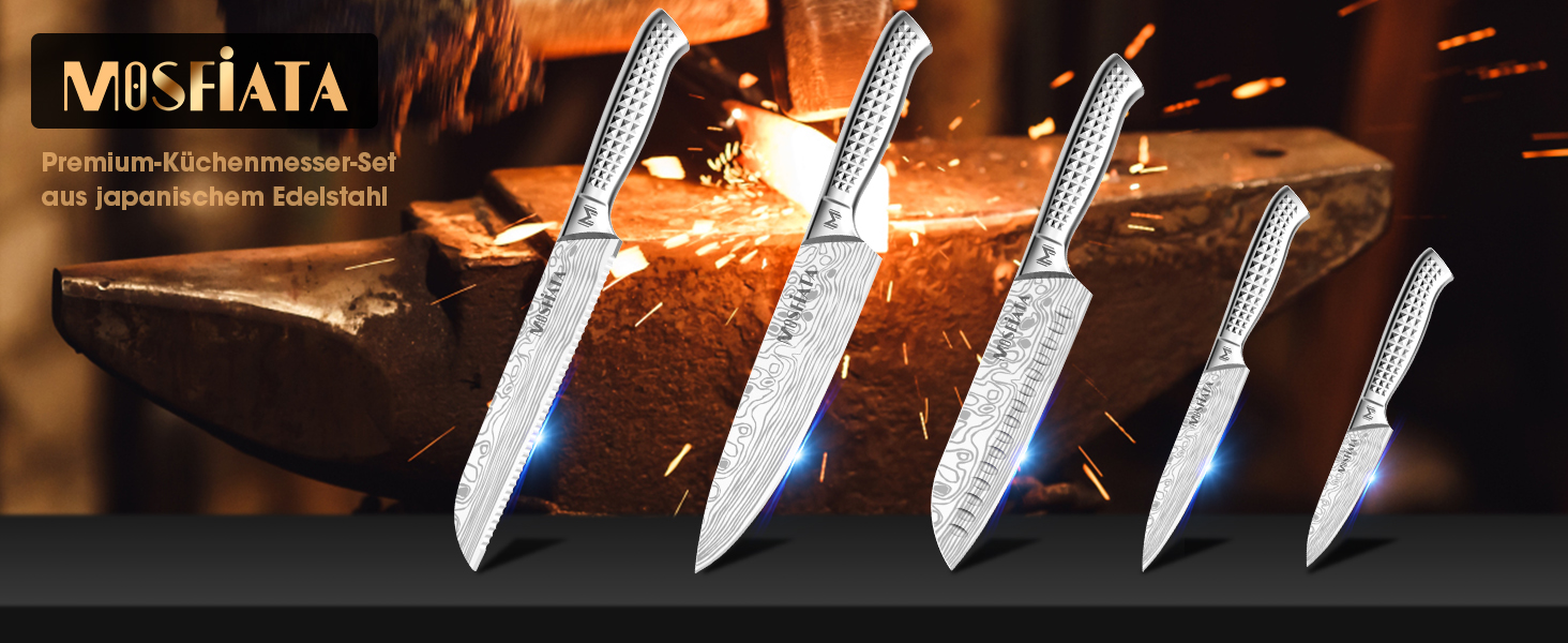 Набір кухонних ножів MOSFiATA, 5 шт. з нержавіючої сталі: кухонний, сантоку, універсальний, для хліба, для очищення з захистом пальців та подарунковою коробкою