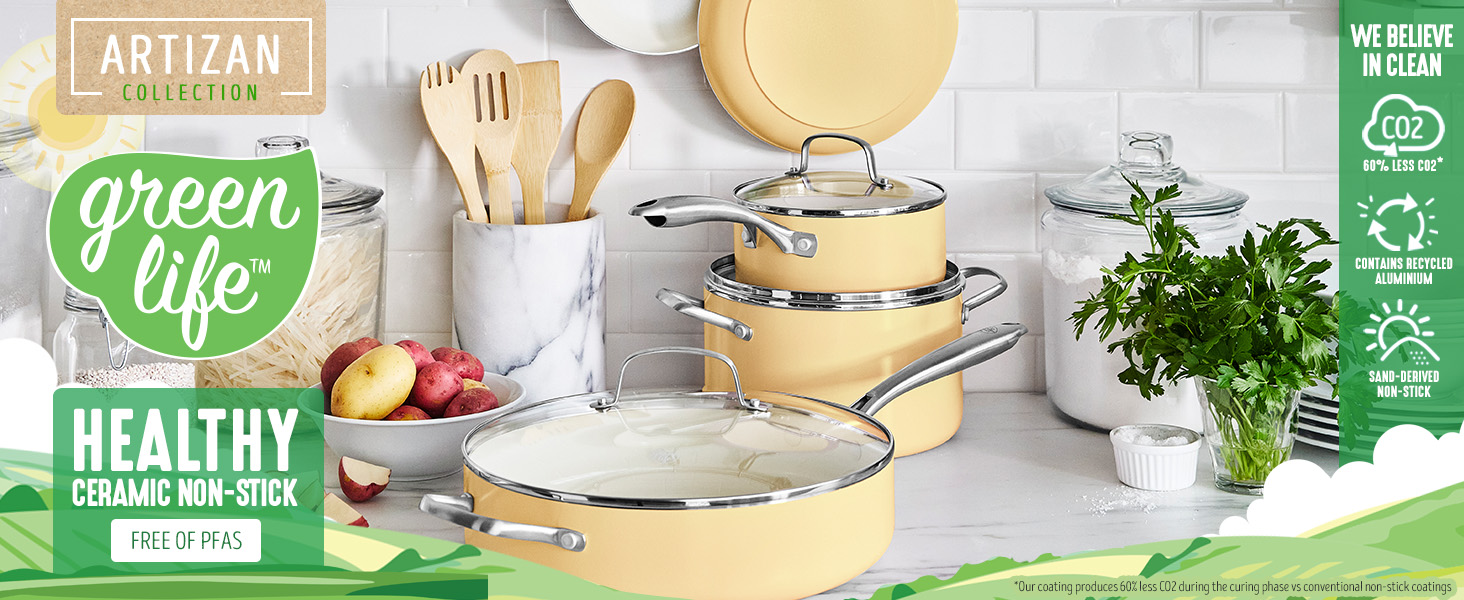 Набір посуду GreenLife Artizan 12 предметів з керамічним антипригарним покриттям, індукційний, безпечний (PFAS-free), сумісний з духовкою, можна мити в посудомийній машині, жовтого кольору