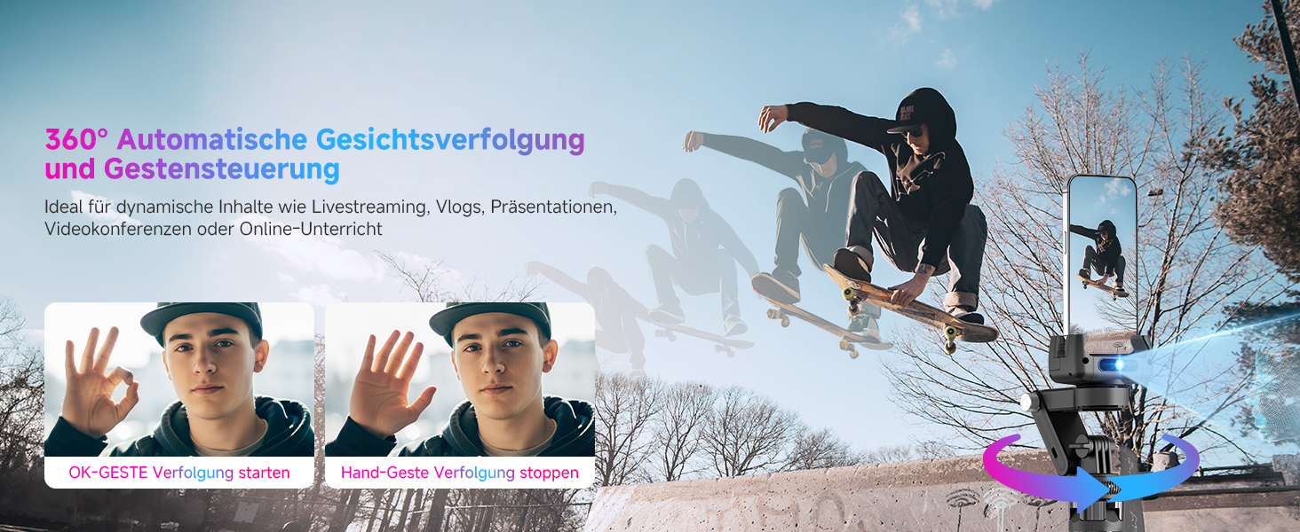 Штатив для смартфона Rollei з автоматичним відстеженням обличчя та стабілізацією відео 360° | Gimbal для TikTok Live Streaming