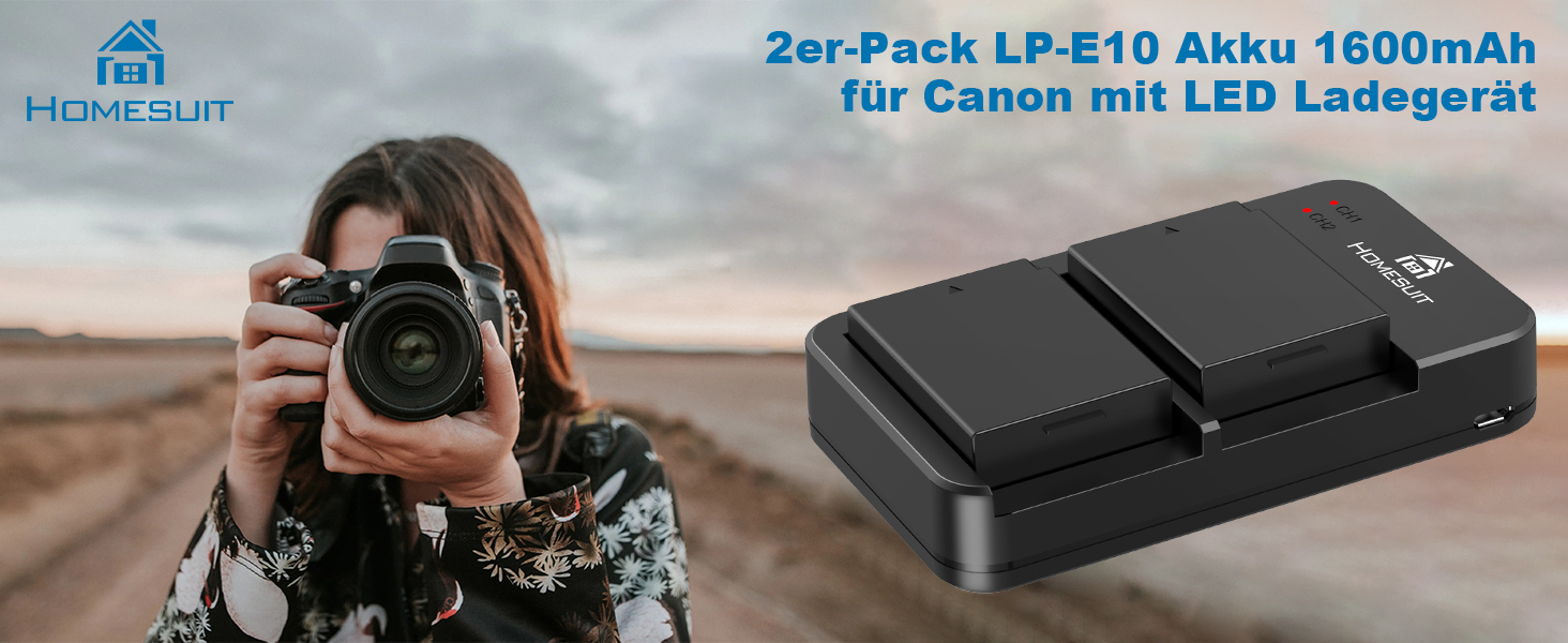 Акумулятор Homesuit LP-E10 1600mAh та LED-зарядний пристрій для Canon EOS 1100D, 1200D, 1300D, 2000D, Rebel T3, T5, T6, T7, Kiss X50, Kiss X70 (2 шт.)