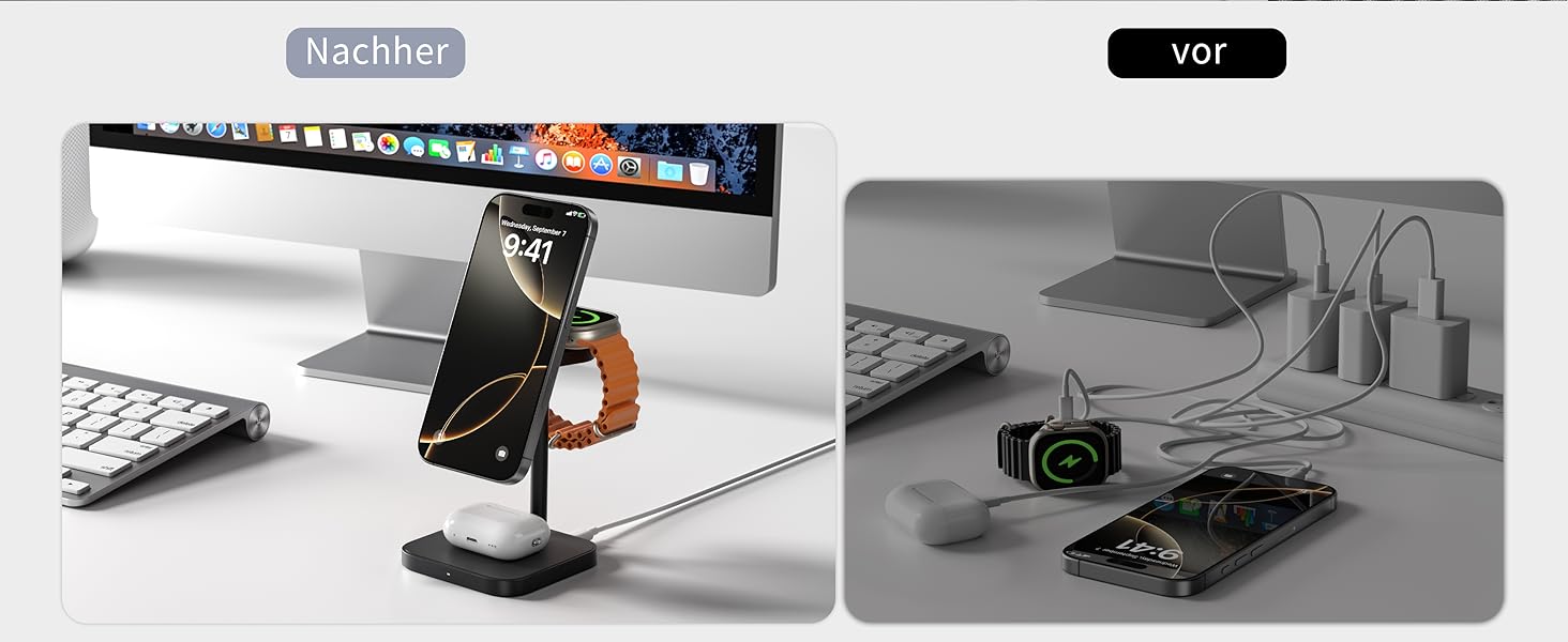 Станція зарядки LULULOOK Qi2 MagSafe 3-в-1 з алюмінію для Apple Watch та iPhone, 15W швидка зарядка для iPhone 17 Pro Max/17 Pro/17 Air/17, 5W для Apple Watch Ultra, AirPods, Титан (Чорний)