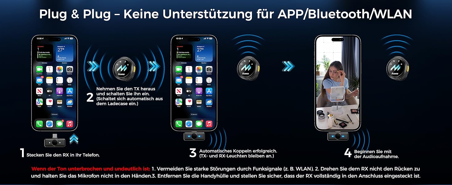 Мікрофон-петличка Aceele бездротовий для iPhone/Android/планшетів/ПК, Hi-Fi звук, шумозаглушення, 24 години роботи, радіус дії 50м, мініатюрний мікрофон для відео/стрімінгу/влогів/подкастів/інтерв'ю з кейсом для зарядки