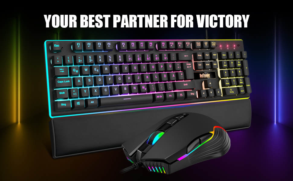 RedThunder K10 Ігровий Набір Клавіатура та Миша, QWERTZ DE-Layout, Металева Пластина та Підставка для Руки, RGB-Підсвітка, 7D, Ергономічний, для ПК Геймерів (Чорний)