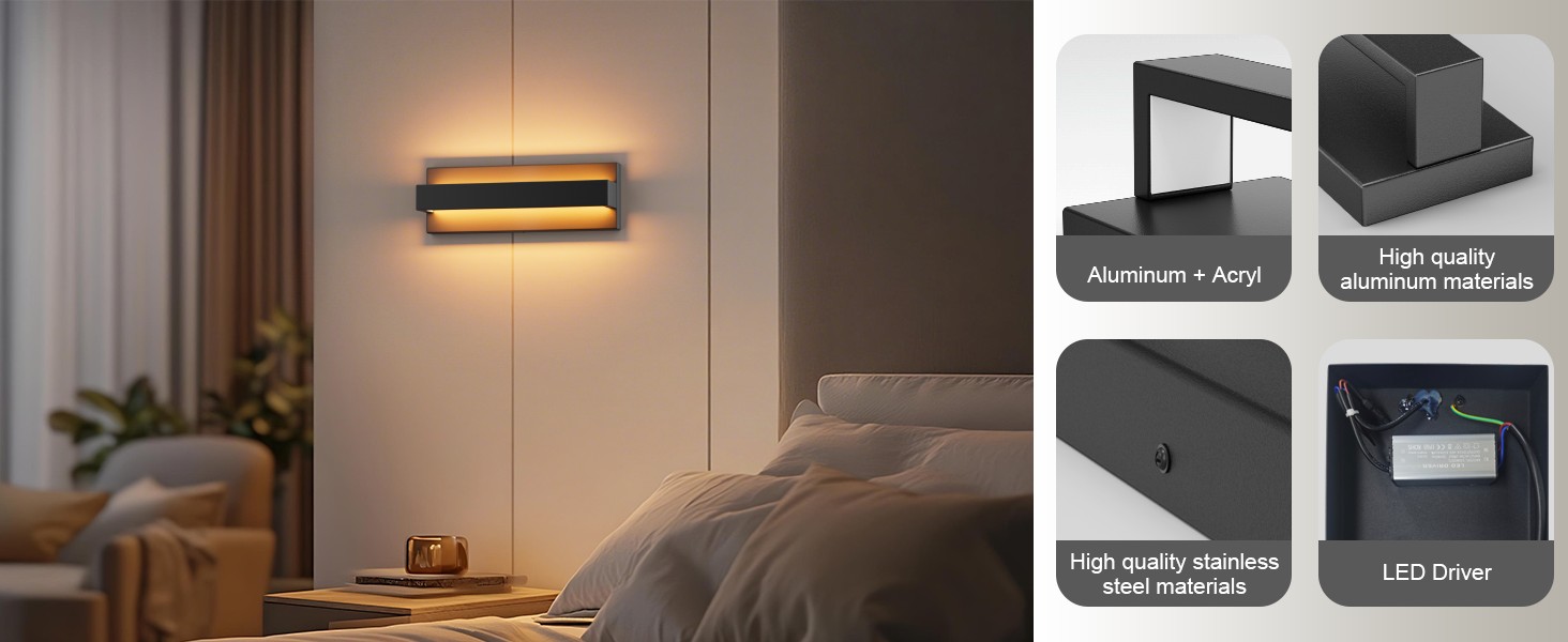 Klighten LED стінна лампа 16W, чорна, для дому, тепле світло 3000K, з алюмінію та нержавіючої сталі