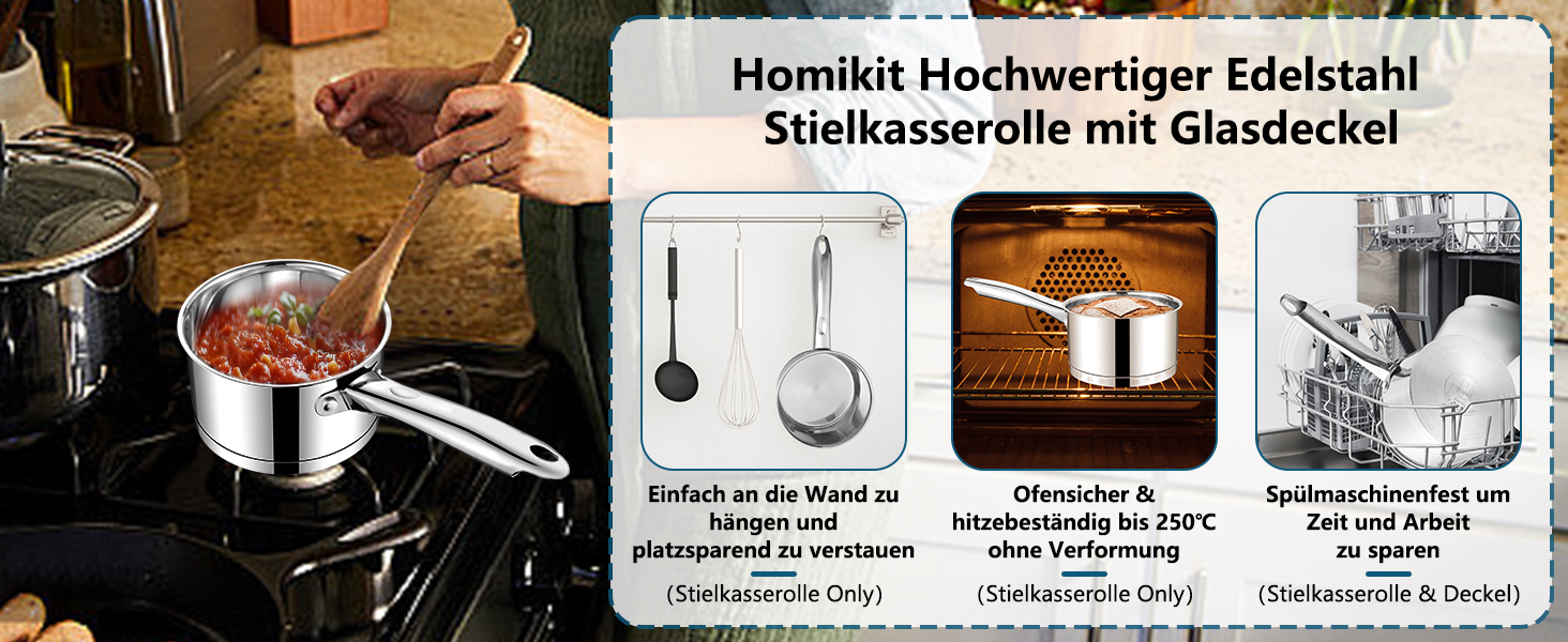 Каструля Homikit 8 см, 2.8 л, нержавіюча сталь з кришкою, для плити (індукція), 3-шарове дно, 8 см