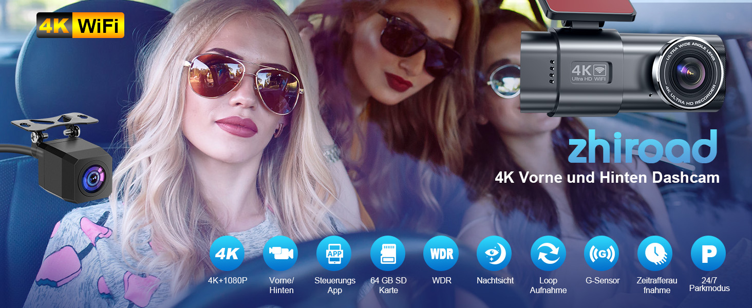 4K WiFi відеореєстратор в автомобіль, з Wi-Fi, SD 64GB, IPS екран 1.47