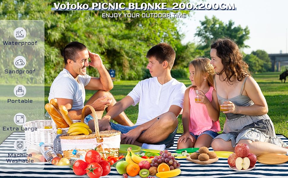 Водонепроникний плед для пікніка Votoko 200x200 см з ручкою, пісоко-відштовхуючий, для кемпінгу, пляжу, парку, ізольований, смугастий