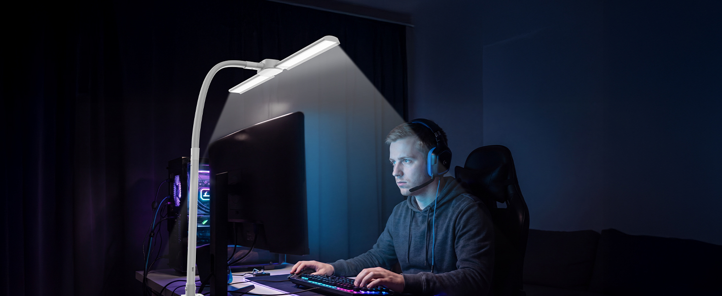 Світлодіодна настільна лампа з димером LED 24W, 1400LM, подвійний гнучкий винос, пульт, USB зарядка, білий колір T01