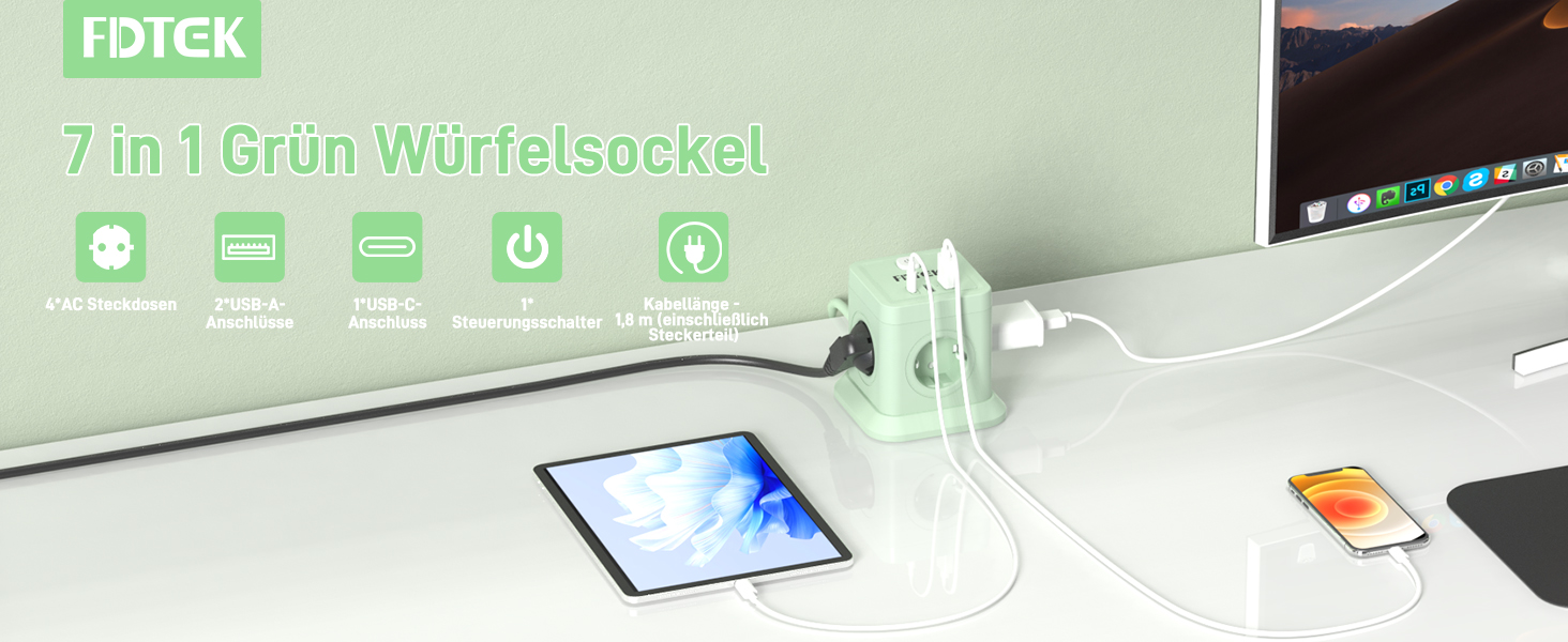 Мережевий адаптер FDTEK 7-в-1 з USB-C та USB-A, 4 розетки, 2500W/10A, куб з вимикачем, 1.8м кабель