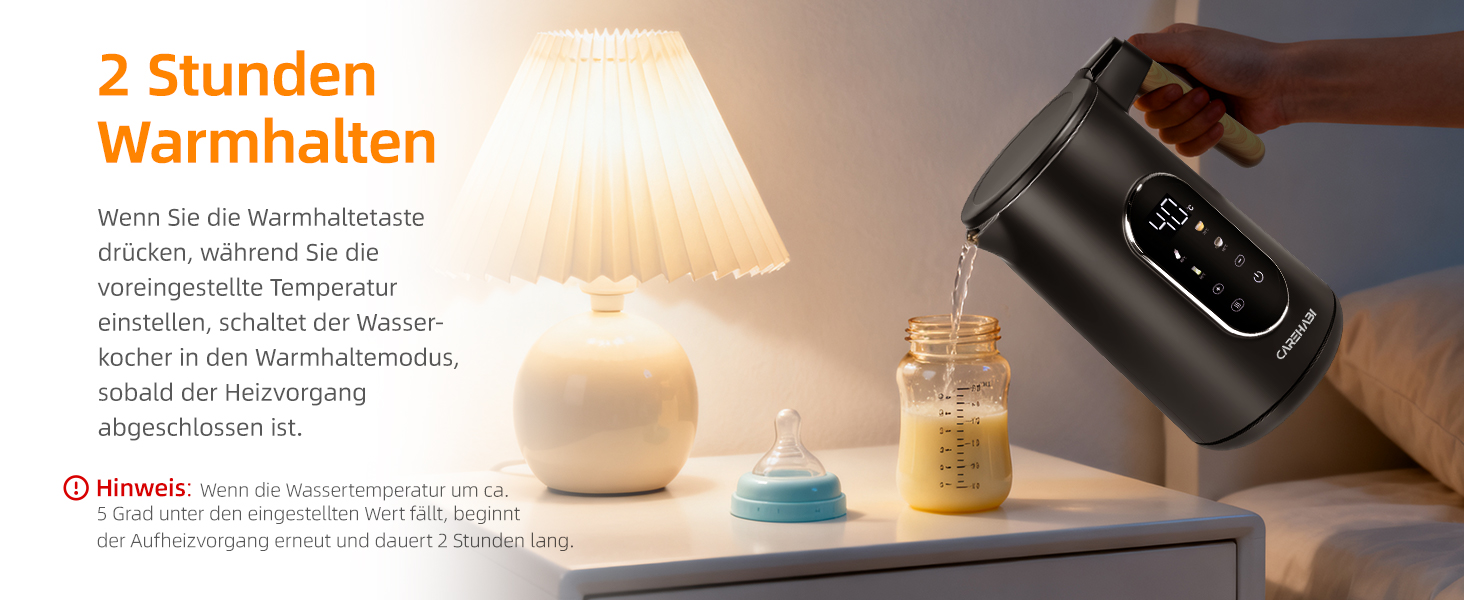 Електричний чайник Carehabi з регулюванням температури, 1.7 л, нержавіюча сталь, чорний, 40°C-100°C, 2200W, LED дисплей, подвійні стінки, функція підтримки тепла