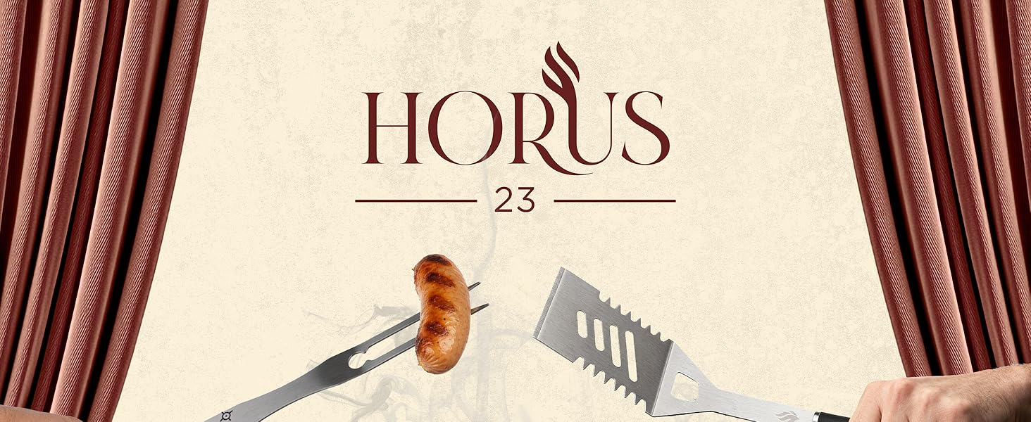 HORUS 23 Набір гриля з аксесуарами з нержавіючої сталі: щитківка, рукавиці для захисту від тепла, килимок для гриля - подарунок для чоловіків