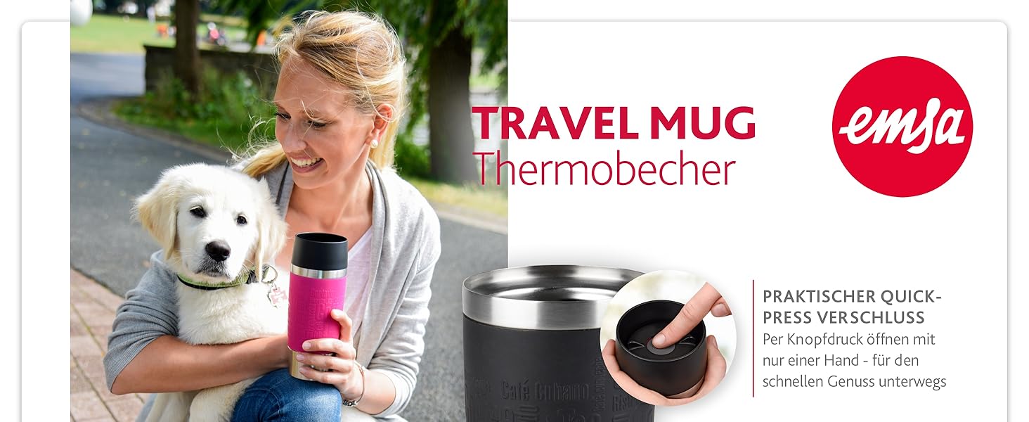 Термокружка Emsa Travel Mug Classic, 360 мл, чорна, з ізоляцією, 4 години гаряче, 8 годин холодне, Quick-Press замок, 360° відкривання