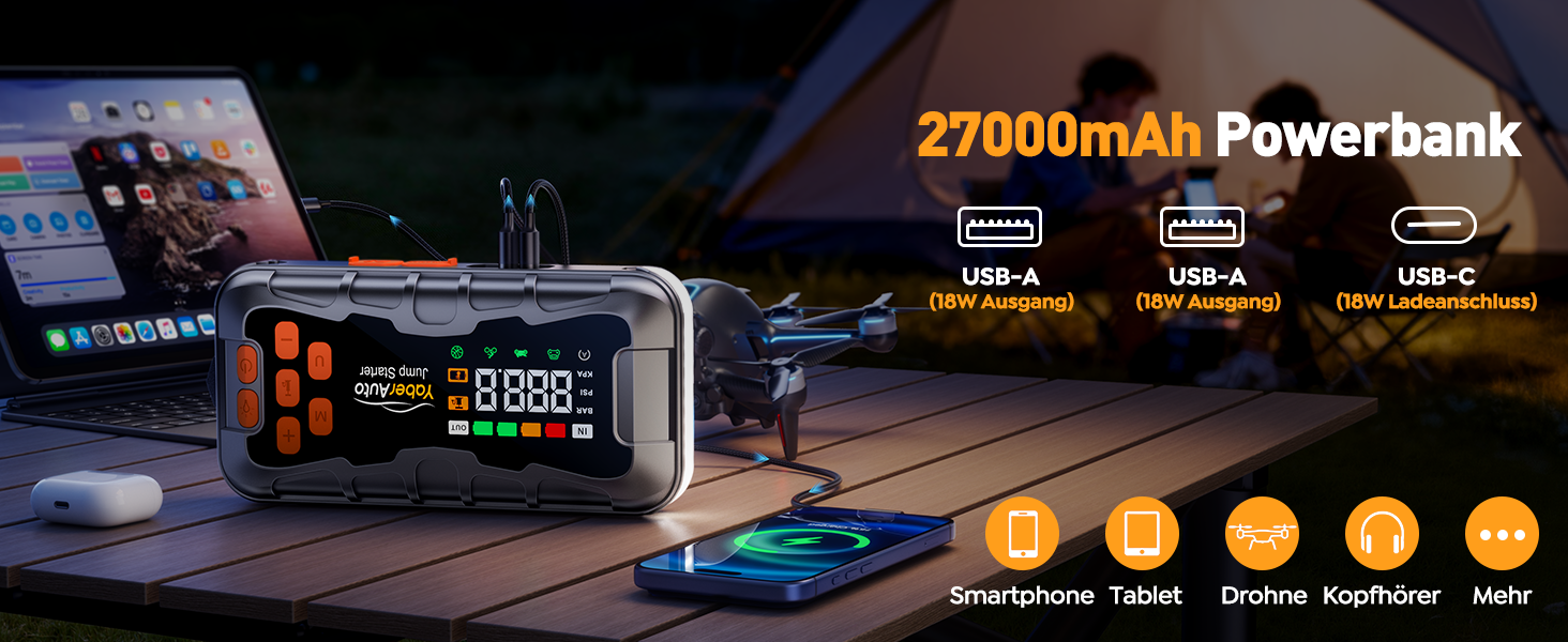Пауербанк для авто 27000mAh 7000A з компресором 160PSI, пусковий пристрій для бенз./диз. (до 12.0L), ліхтарик, молоток-розбивач скла, набір інструментів
