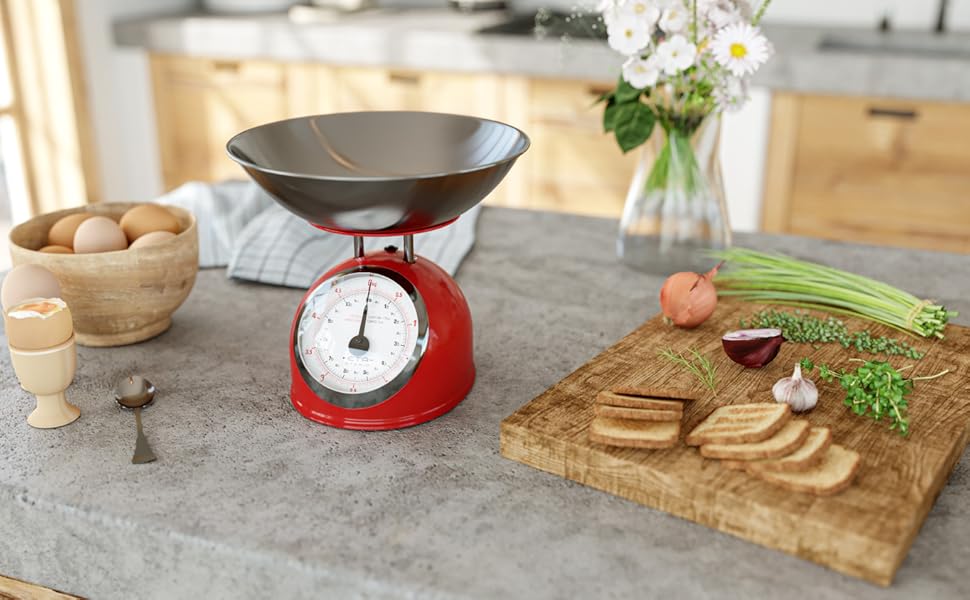 Кухонні ваги ETA Storio: аналогові, ретро-дизайн, металева чаша 2л, до 5кг, червоний колір