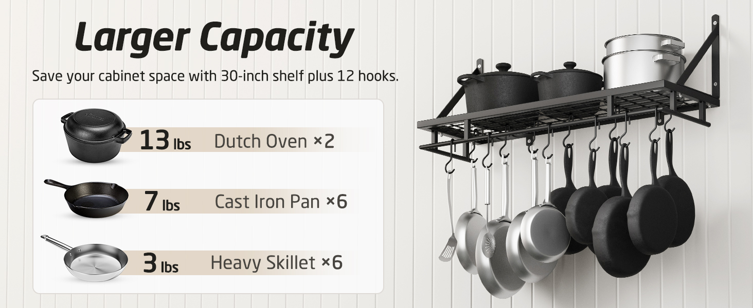 Kitchen Utensil Holder, Pan Holder, Kitchen Shelf, Kitchen with 12 Hooks, Hanging Shelf, Spice, Pan Shelf, Wall Shelf, Kitchen Rail, 75CM Wall Mount, Matte Black, KUR215S75A-BK