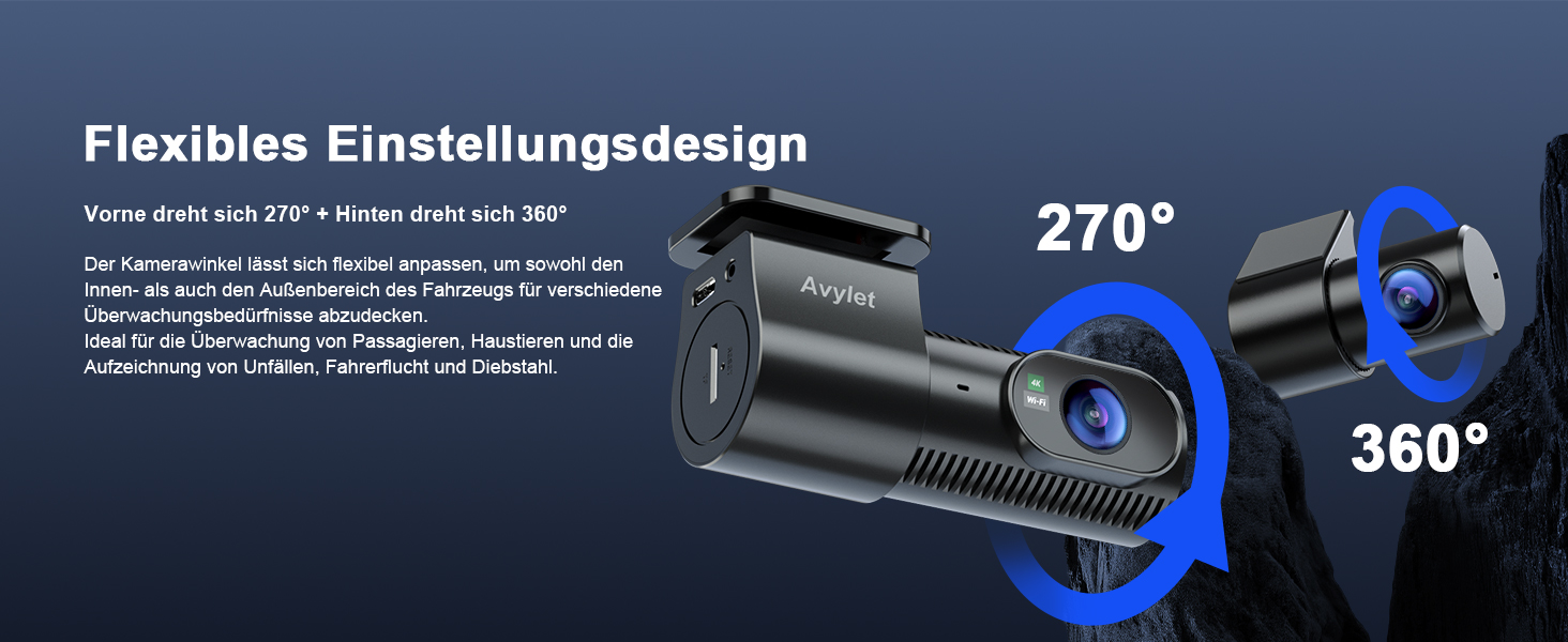 Відеореєстратор Avylet 4K+1080P з двома камерами (передня та задня), Wi-Fi, GPS, IPS дисплеєм, паркувальною функцією, Super Night Vision, WDR, 170° кутом огляду, G-сенсором, підтримка карт пам'яті до 256GB