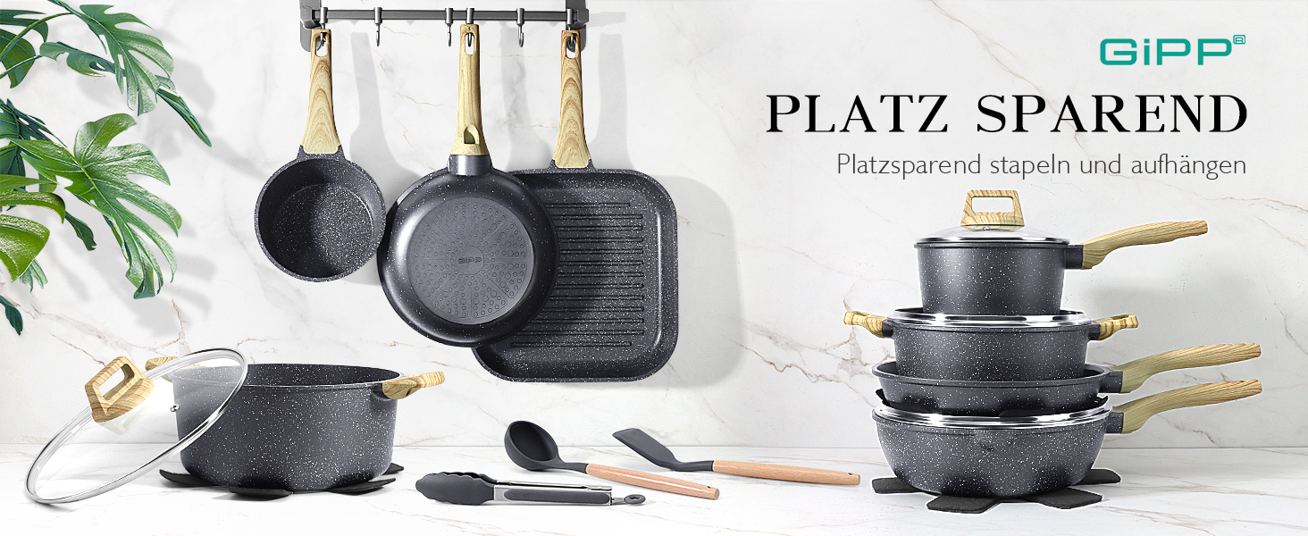 Набір посуду GiPP Keramik Antihaft: 22 частини (сірий) - посуд з керамічним покриттям, без PFAS, PFOA, PTFE, PFOS