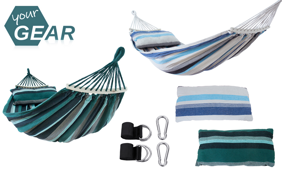 Гамак yourGEAR Bali XL з подушкою, 240x120 см, до 240 кг, бавовна (Смарагд/Аква) + кріплення, сертифікат TÜV