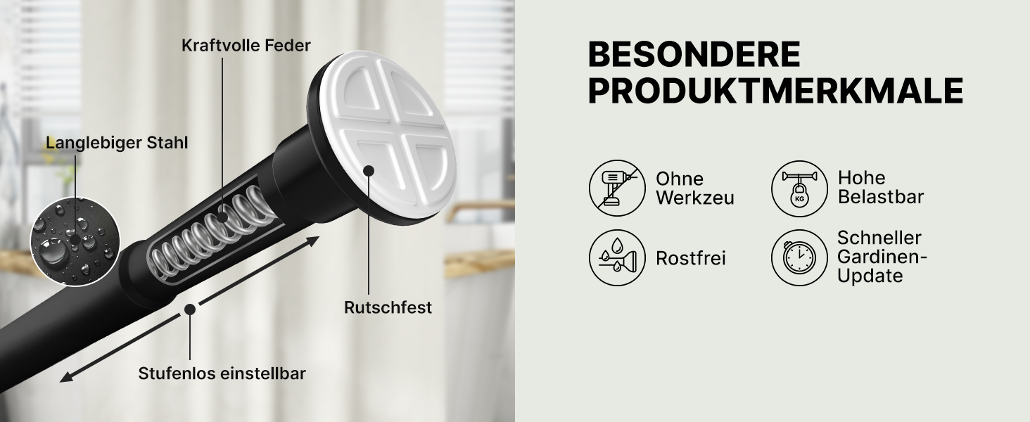 Штанга для штор без свердління, Ø 25 мм - телескопічна штанга для штор, душової стійки, кріплення для вікон, перегородок та кухні (70-120 см) (90-160 см), матовий чорний