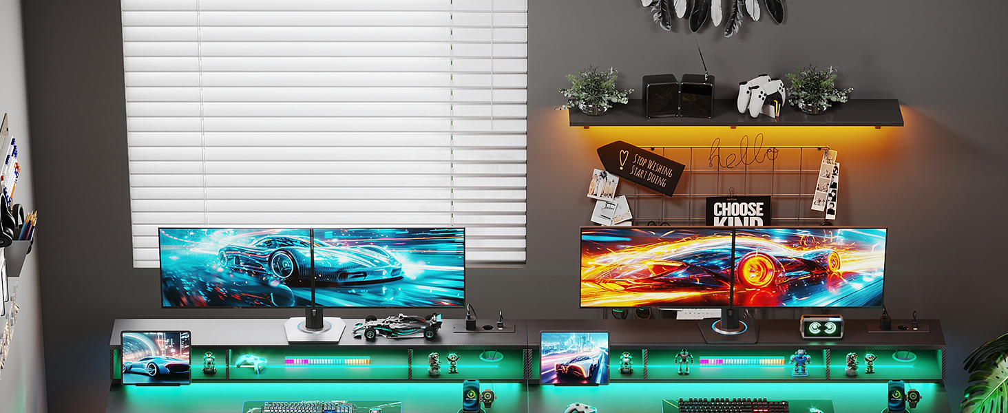 Офісний стіл для геймінгу OffiGo, 140 см, регулювання висоти, RGB LED, розетки, 3 стійкі місця для зберігання, тримач для напоїв та навушників, стільниця з карбонової поверхні (білий/чорний)