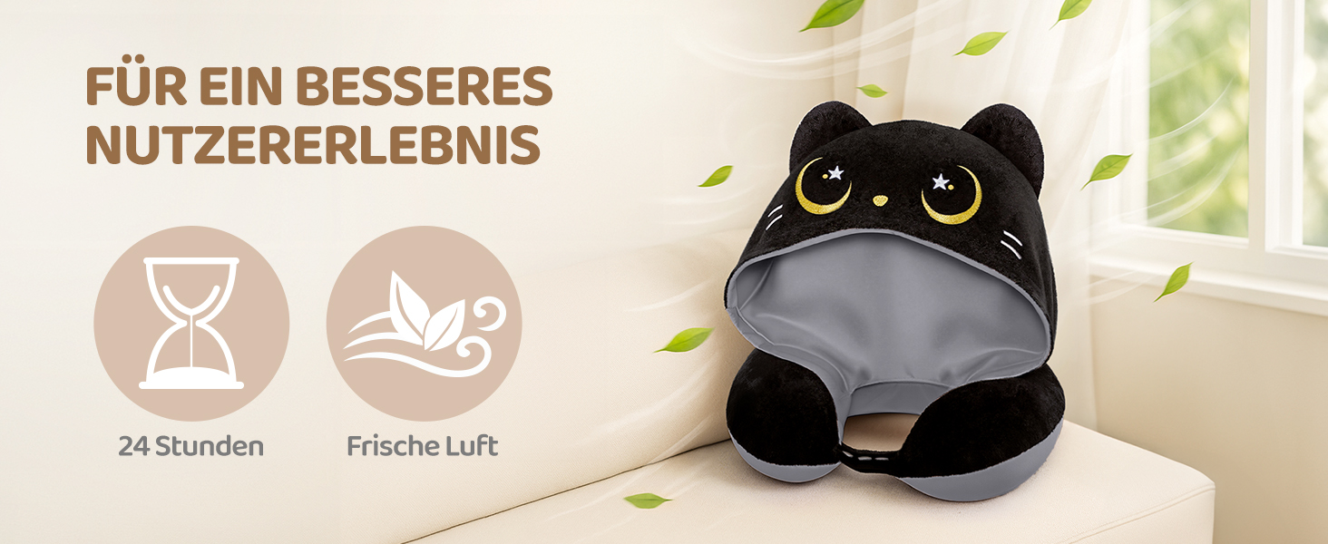 Подушка для шиї Mewaii з капюшоном, двостороння, для дітей та дорослих, дизайн котика, захист приватності, м'яка піна з пам'яті сірої кольорової гами