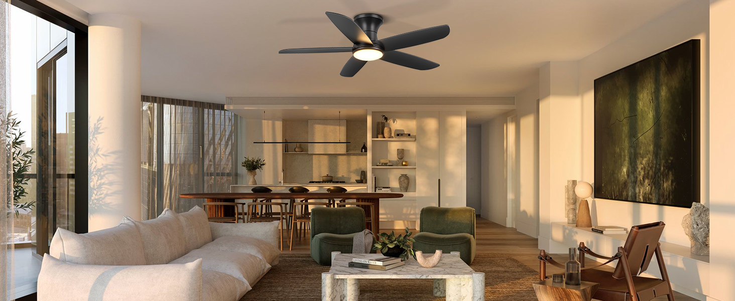 Стеляний вентилятор Ohniyou з підсвіткою та пультом дистанційного керування, 117 см, керування через додаток, регулювання яскравості, тихий DC-двигун, для спальні, тераси, кухні, чорний