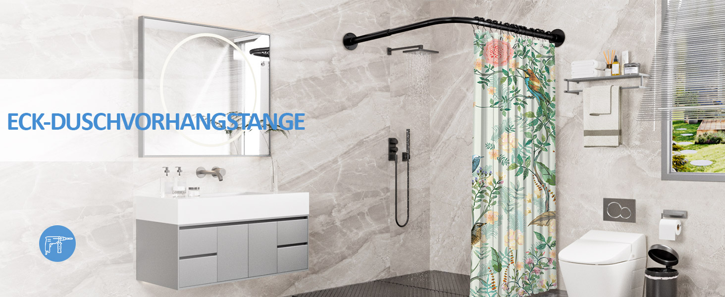 Штанга для душу L-подібної форми, регульована 60-134 см, з кріпленням для штори та опорою для стелі, чорна. Підходить для ванни/ванної кімнати. Потрібно свердління.