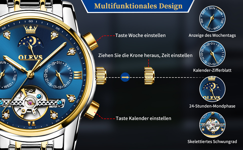 Чоловічий наручний годинник OLEVS 6678: водонепроникний хронограф із кварцовим механізмом, сталевий корпус, підсвічування циферблата, синій/золотий/сріблястий
