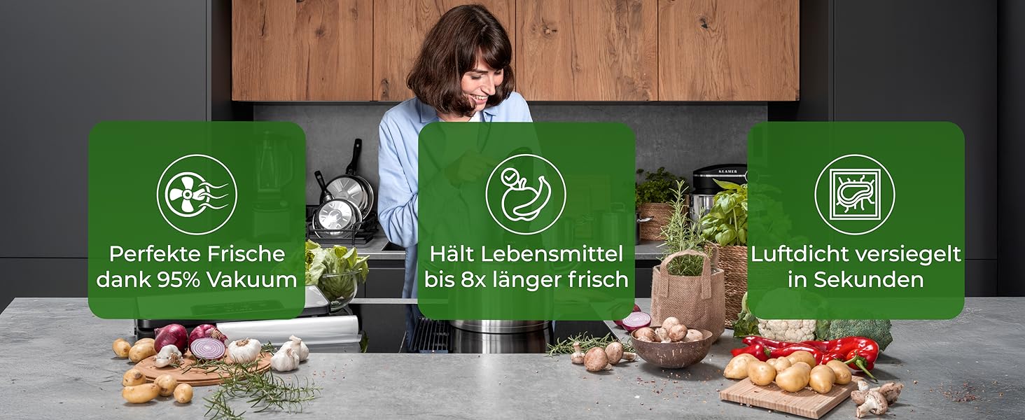 KLAMER Classic Pro 80 (2024) - Вакуумний пакувальник для продуктів харчування, Sous Vide, комплект з пакетами та шлангом