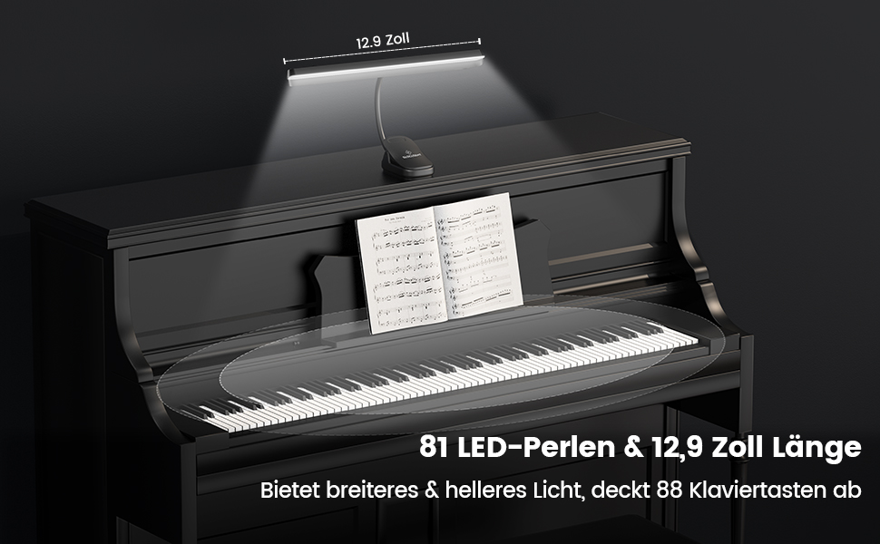 Світлодіодна лампа для нот Glocusent 81 LED: кліпса на пюпітр, 3 кольори, 5 рівнів яскравості, USB-C, до 140 годин, для піаніно, чорна
