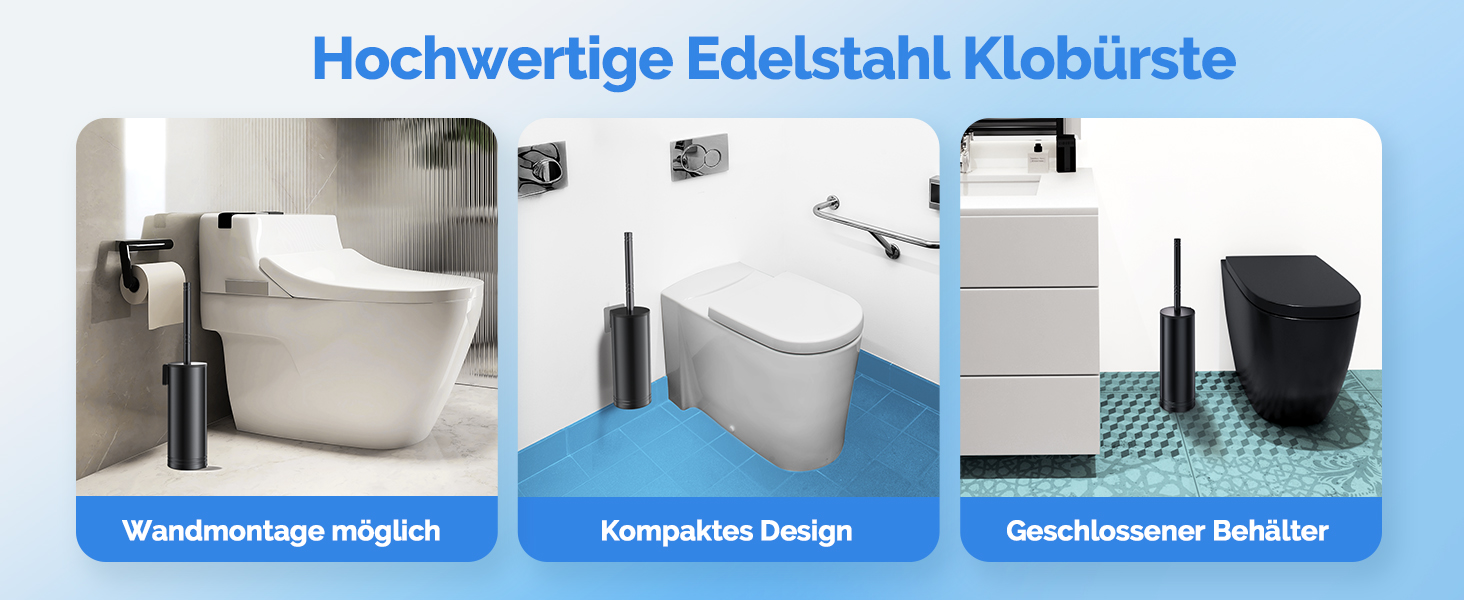 Набір для чищення унітазу HAMITOR з нержавіючої сталі: щітка для унітазу з кріпленням на стіну без свердління, для глибокого очищення під краєм, з швидковисихаючим підставкою, довга ручка, чорний, 1 шт.