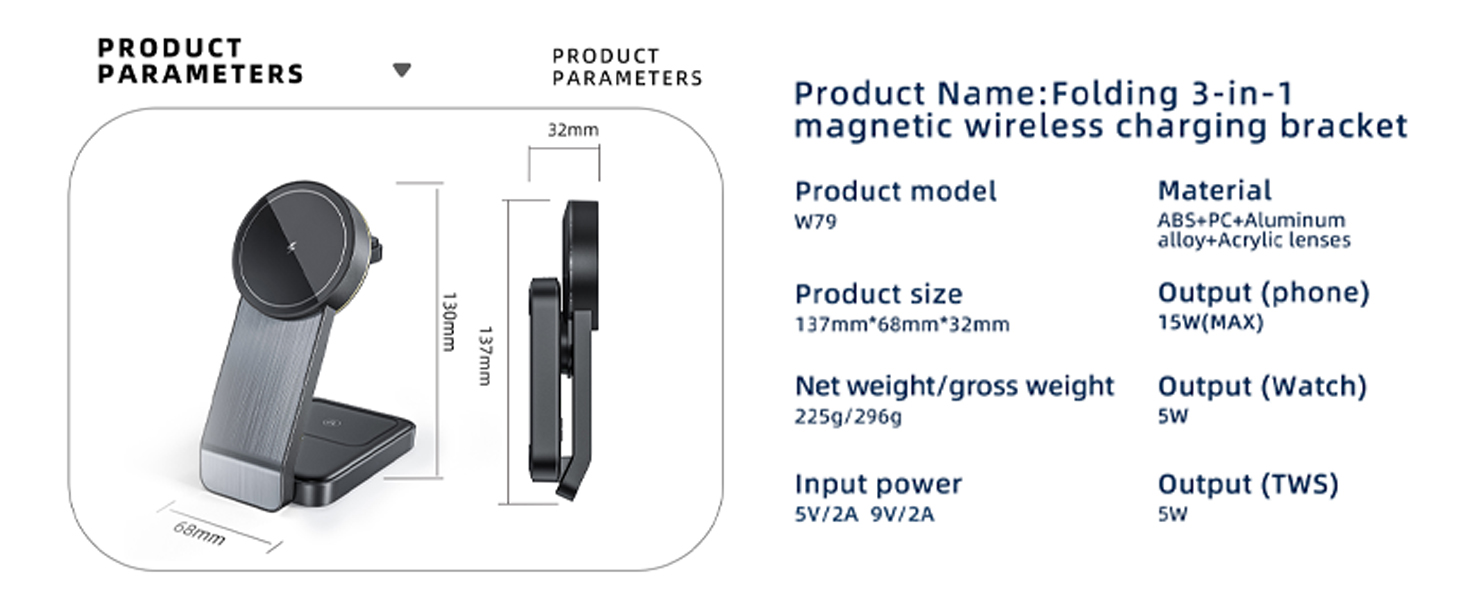 Бездротовий зарядний пристрій MagSafe 3-в-1 15W для iPhone 16/15/14 Pro Max, Apple Watch (iWatch 10/SE/9) та AirPods Pro - Чорний