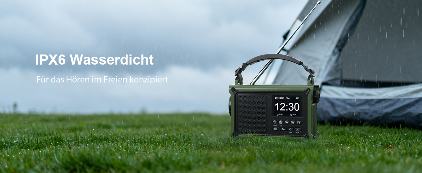 Радіоприймач Kurbelradio з DAB/DAB+/UKW, акумулятор 12000mAh, сонячна панель 8500mm², ручний генератор, Bluetooth 5.0, ліхтарик та світло для читання, для відпочинку на природі, кемпінгу, зелений