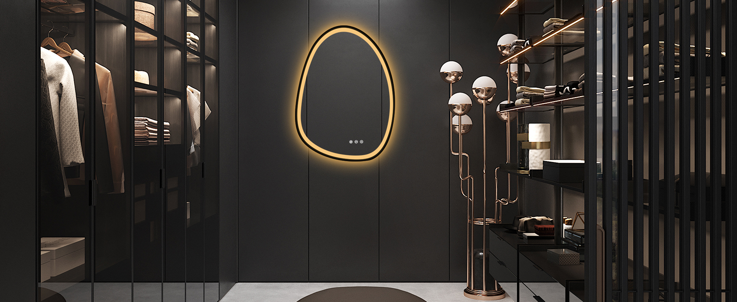 Дзеркало з підсвіткою, асиметричне LED, 75x55 см, з сенсорним вимикачем, антизапар, 3 кольори світла, регулювання яскравості, функція пам'яті, чорний (горизонтальне/вертикальне)