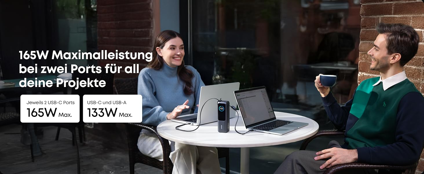 Powerbank Anker 25000mAh 165W з USB-C, 3 порти USB-C (100W), вбудований кабель, для iPhone, MacBook, Samsung та інших пристроїв (Чорний)