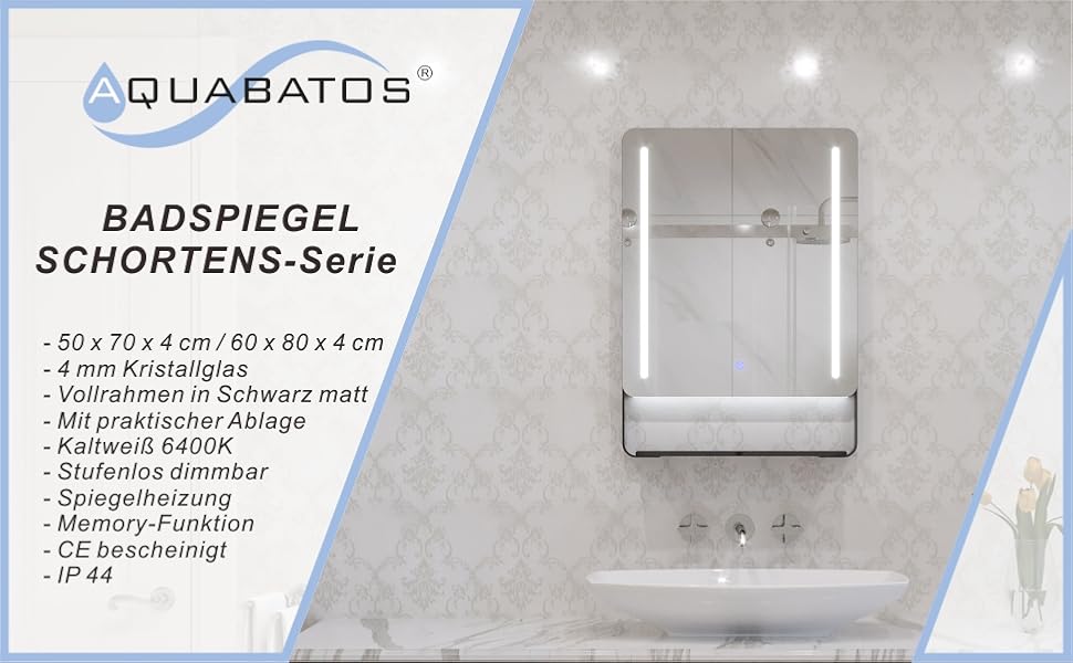 Дзеркало для ванної кімнати AQUABATOS 50x70 см LED з підсвічуванням, сенсорне керування, холодний білий (6400K), IP44, CE, енергозберігаюче