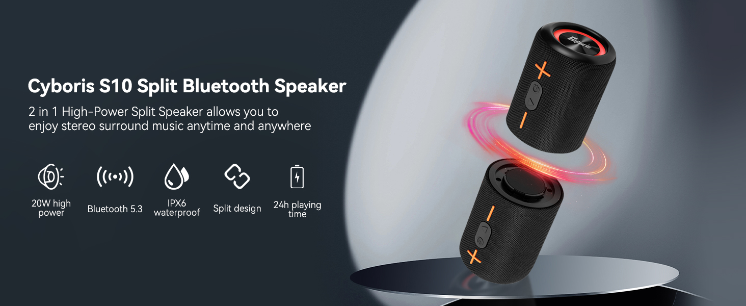 CYBORIS 2 Портативна Bluetooth колонка, водонепроникна, 20 Вт, 24 год, True Wireless