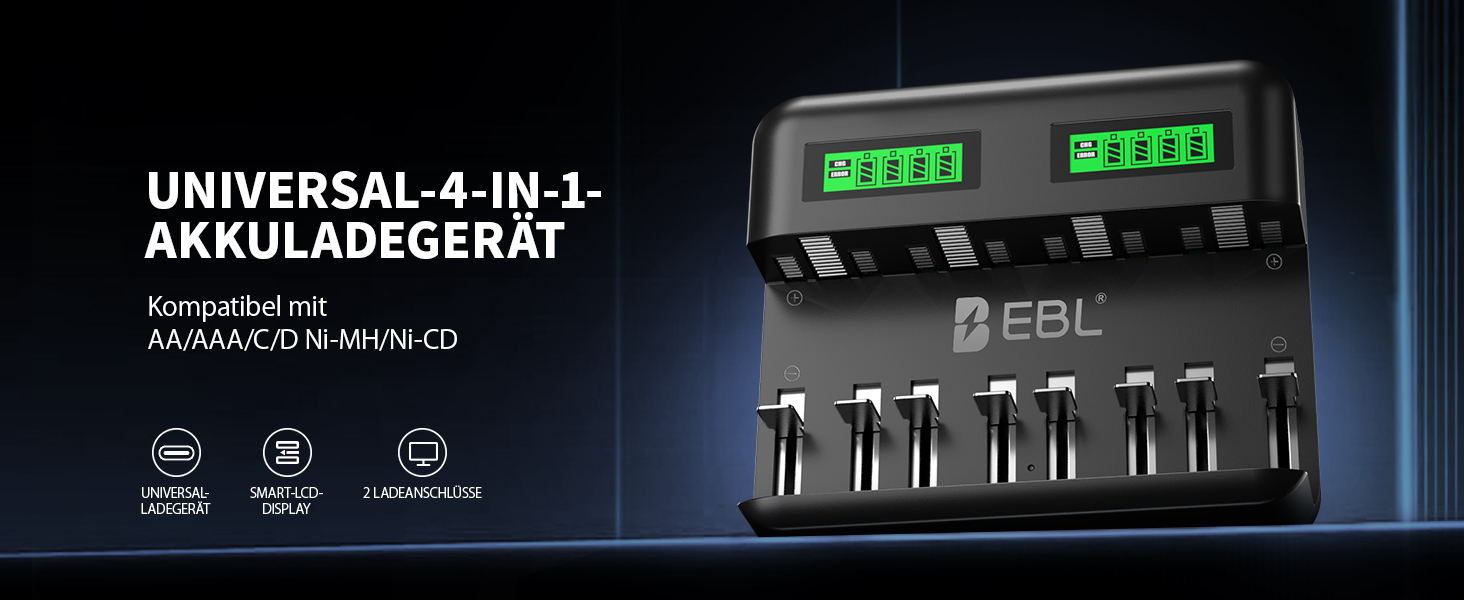 Зарядний пристрій EBL для акумуляторів AA AAA C D NI-MH, Type-C, LCD дисплей, швидка зарядка