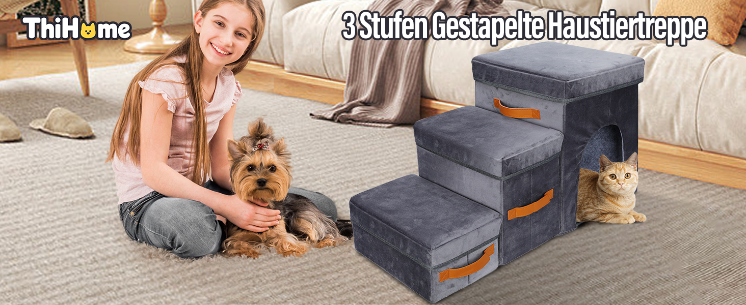 Сходинки для тварин Thihome 3 сходинки: складана рамка, коробка для зберігання, отвір для котів. Підходять для собак та котів до ліжка та дивану