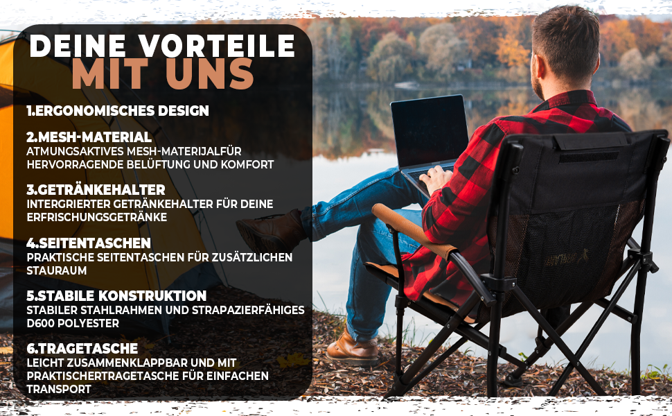 Крісло кемпінгове складне чорно-коричневе, до 150 кг, дихаючий сітчастий матеріал, з бічною кишенею, подушкою та підсклянником - для риболовлі, пляжу, кемпінгу