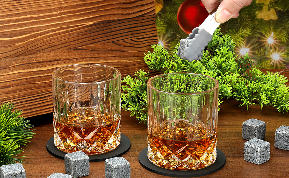 Склянки для віскі з гранітними кубиками, набір 2 шт, 310 мл, дерев'яна подарункова коробка