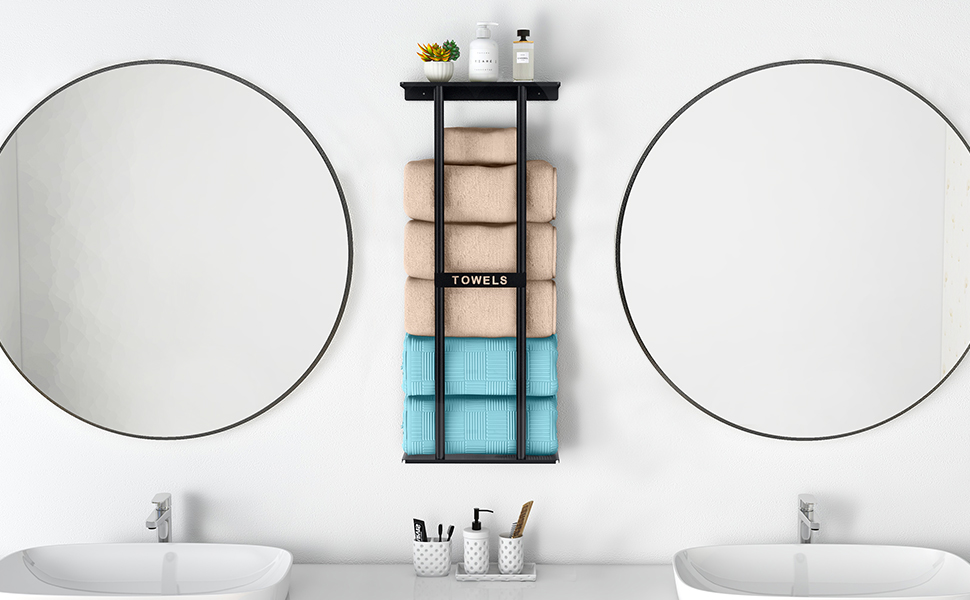 Тримач для рушників на стіну, чорний, 76 см, з полицею. Металевий тримач для рушників та гостей. Аксесуар для ванної кімнати.