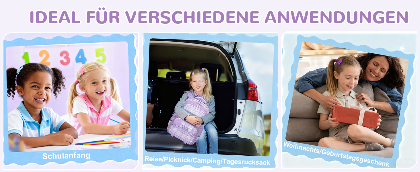 Шкільний рюкзак для дівчаток з візерунком, дихаючий та водовідштовхуючий рюкзак для 1-5 класів (рюкзак для дітей + ізольована ланч-торбинка + пенал, фіолетовий)