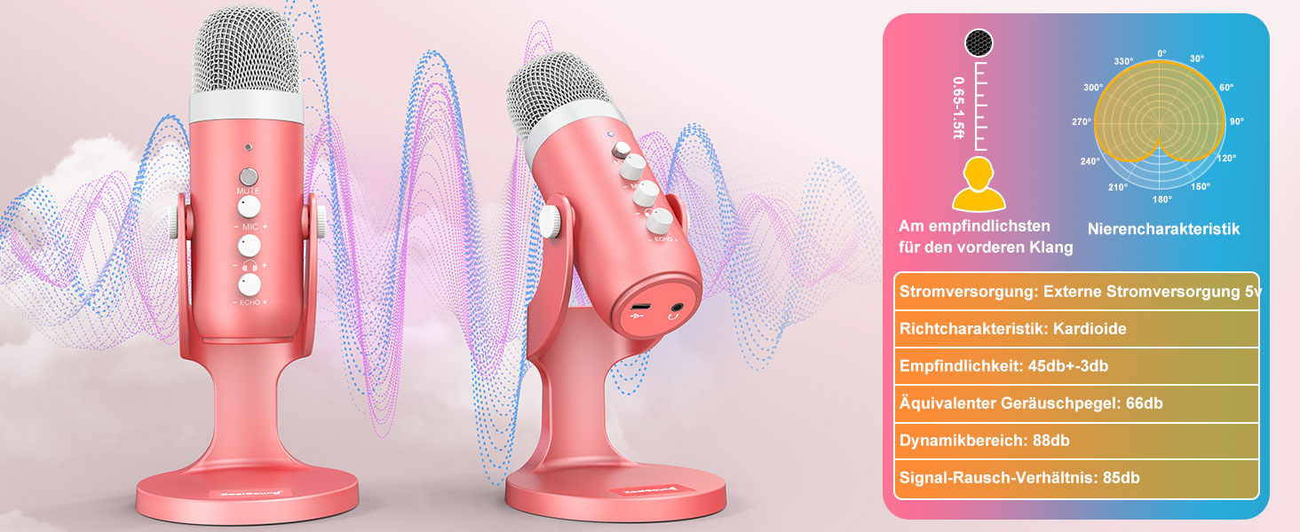 Zealsound USB мікрофон K66 Pearly White (Рожевий) з шумозаглушенням для ПК, Mac, iPhone, Android, PS4/PS5: для стрімінгу, геймінгу, ASMR, YouTube, вокалу, Twitch